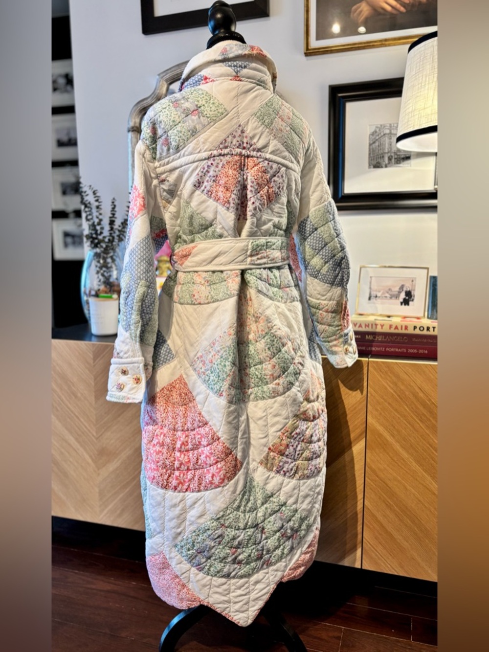 💕SOLD 🧵HANDMADE Fan Patchwork Long Quilt Belted Coat in Pastel Floral S/M - Picture 7 of 16